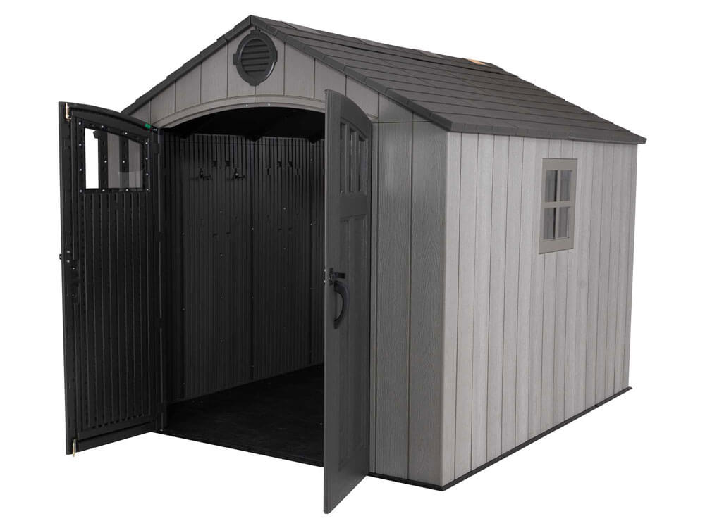 Сарай (хозблок) пластиковый WOODLOOK 8x10 60295 габариты 304 х 243 см с двускатной крышей для дачи или загородного дома