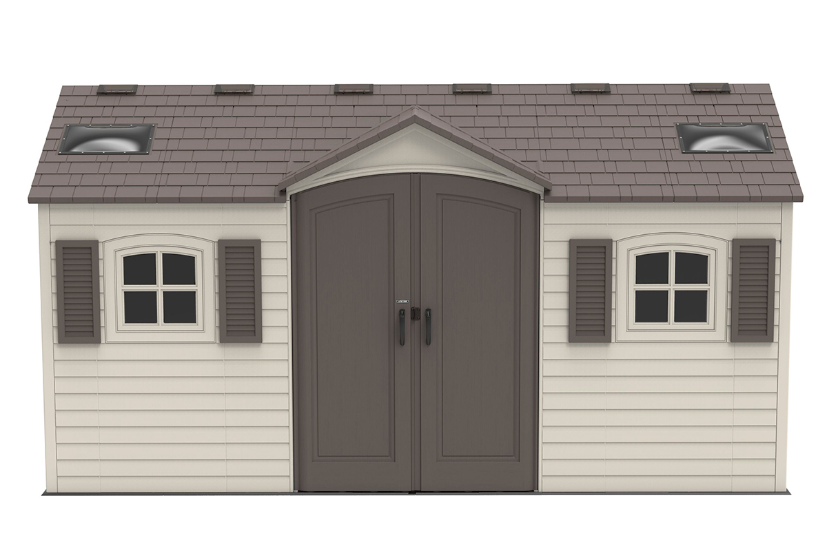 Сарай (хозблок) пластиковый LifeTime 15x8 DD 60079 габариты 239 х 452 см с двускатной крышей для дачи или загородного дома
